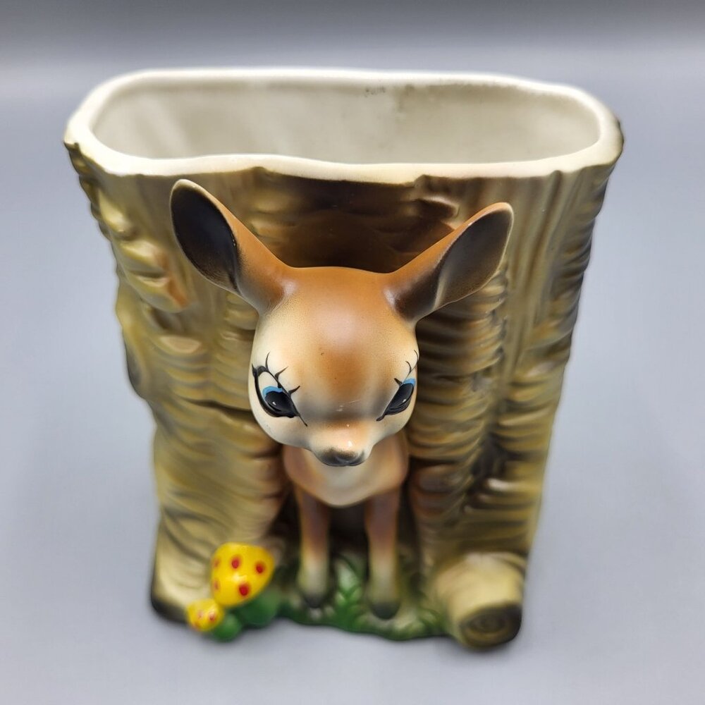 Vintage MCM Bambi Deer Vase Kitchy Planter Deer & Mushrooms Ceramic Table Decor - Picture 10 of 16